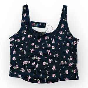 Dolls Kill Delia's Rose Print Tank black multi, cropped, size L NWT
